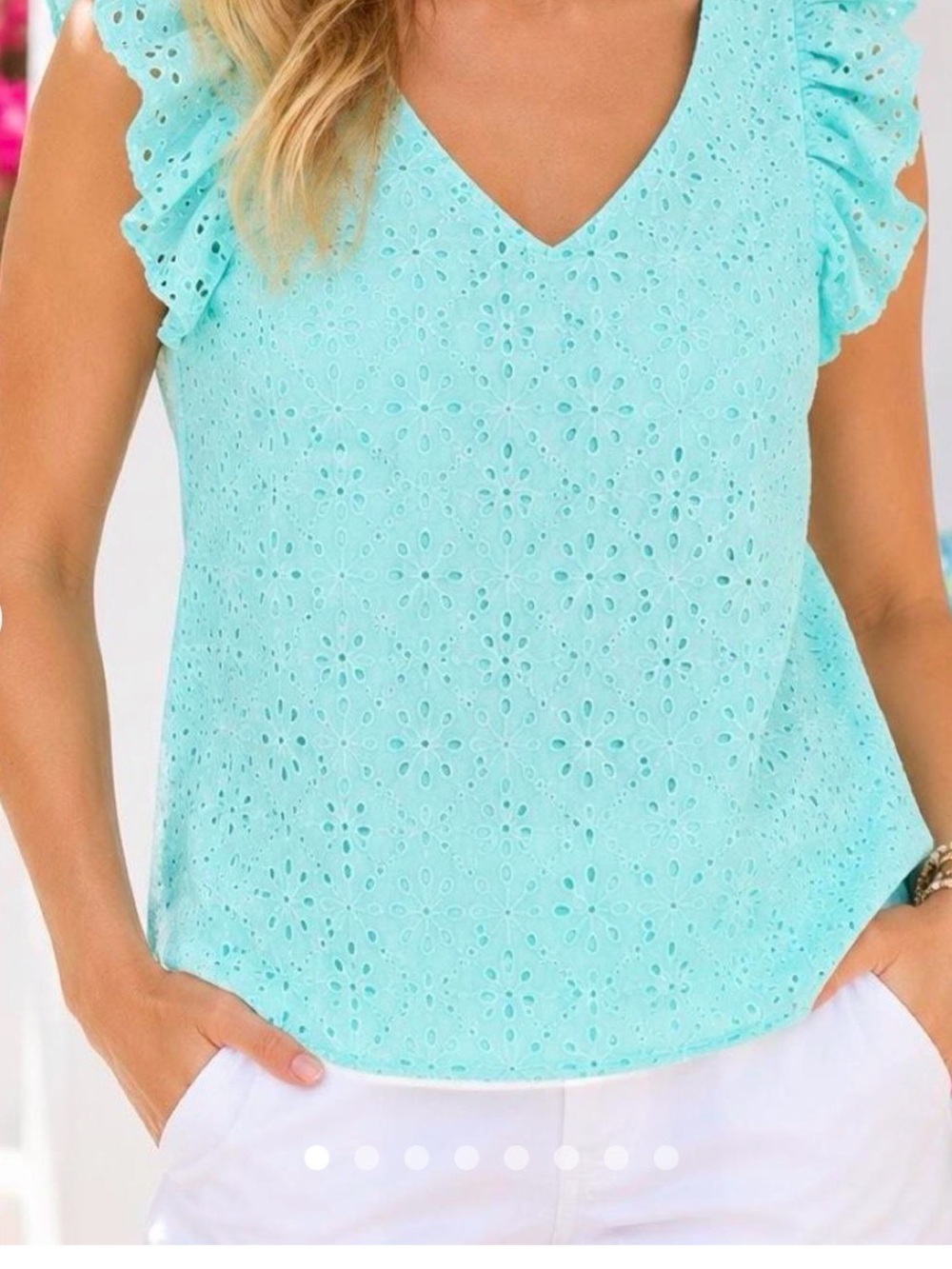 Lilly Pulitzer Eyelet V-Neck Ruffle Sleeve Top - Aqua